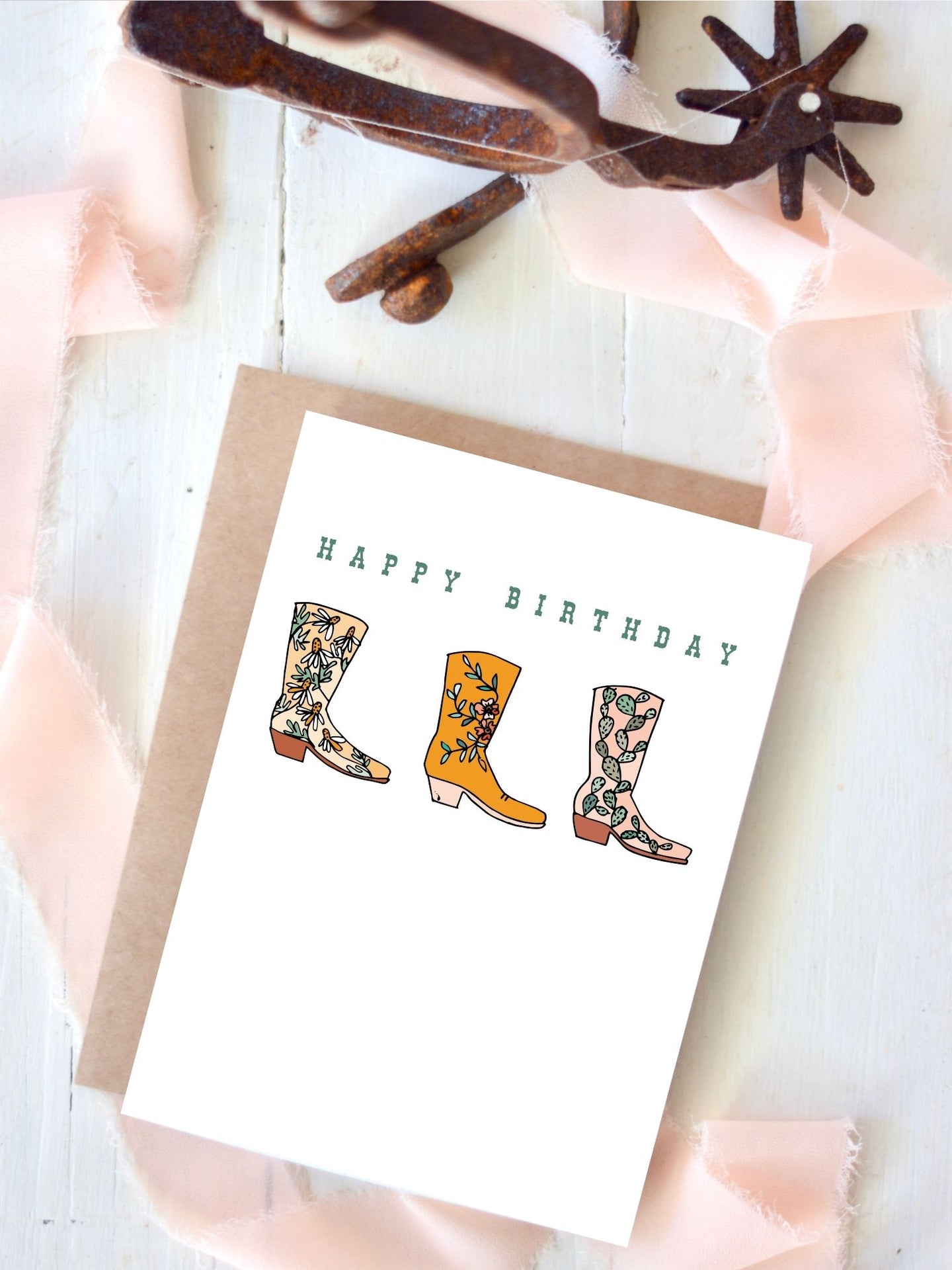 Happy Birthday Floral Cactus Cowboy Boots Birthday Card